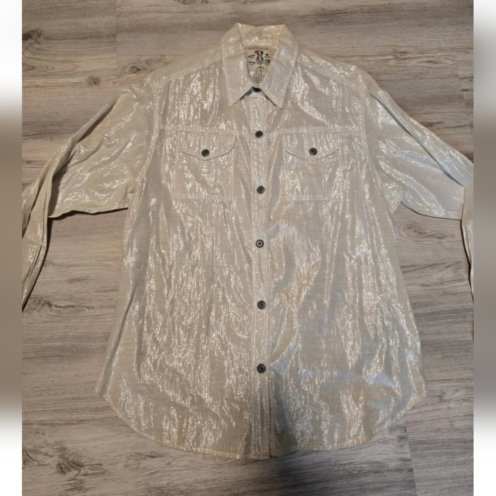 Vintage Studio Wear Womens Sz XL Collared Shirt Metallic Thread Ivory